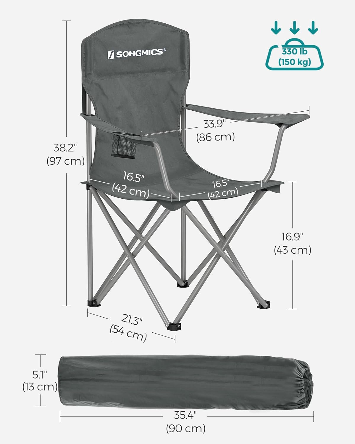 SONGMICS 2 Pack Folding Camping Chairs, Load 330 lb, Cup Holder and High Backrest, Heavy-Duty Structure, for Lawn, Garden, Fishing, Terrace