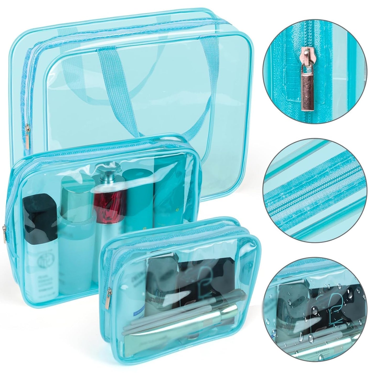 APREUTY Clear Makeup Bags, TSA Approved 6 Pcs Cosmetic Makeup Bags Set Clear PVC with Zipper Handle Portable Travel Luggage Pouch Airport Airline Vacation Organization(Light Blue)