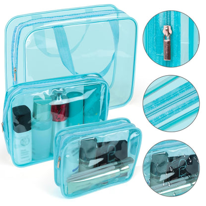 APREUTY Clear Makeup Bags, TSA Approved 6 Pcs Cosmetic Makeup Bags Set Clear PVC with Zipper Handle Portable Travel Luggage Pouch Airport Airline Vacation Organization(Light Blue)