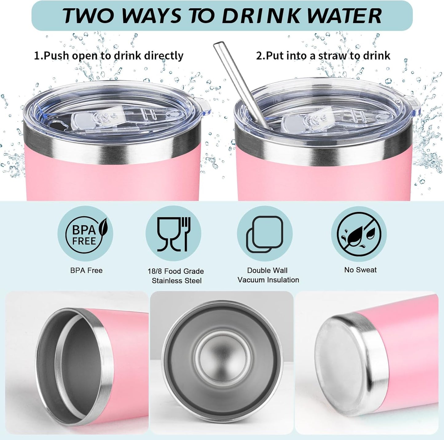 20oz Tumbler with Straw and Brush, Stainless Steel Vacuum Insulated tumbler, Double Wall Insulated Coffee Tumbler for Outdoor, Home, Travel,Office (Light Pink,1pcs)