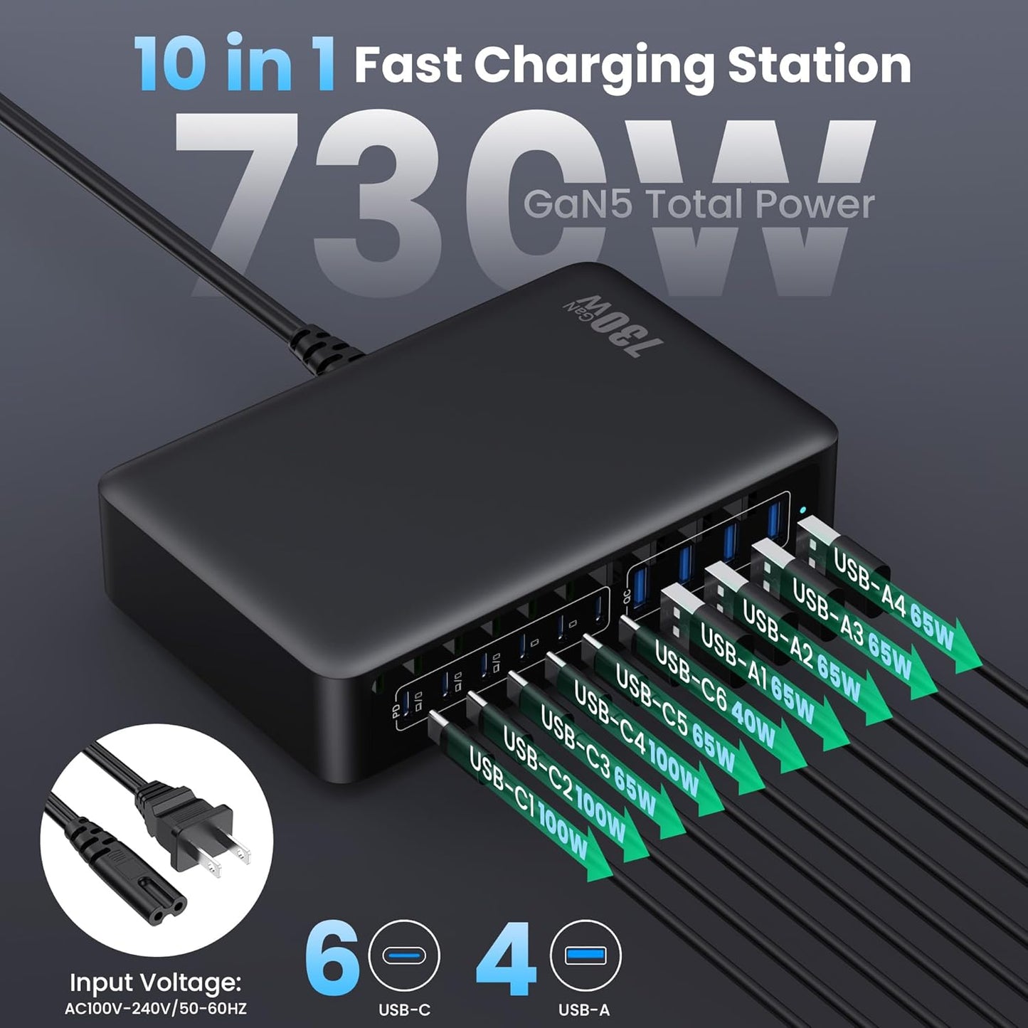 730W USB C Charger Block,10-Ports GaN V Fast Charging Station Hub,QC4.0+3 PD 100W Laptop Charger Wall Power Adapter for MacBook Pro/Air,DELL,iPhone 17/16/15/14,iPad,Galaxy S25,Pixel,Steam Desk-Black