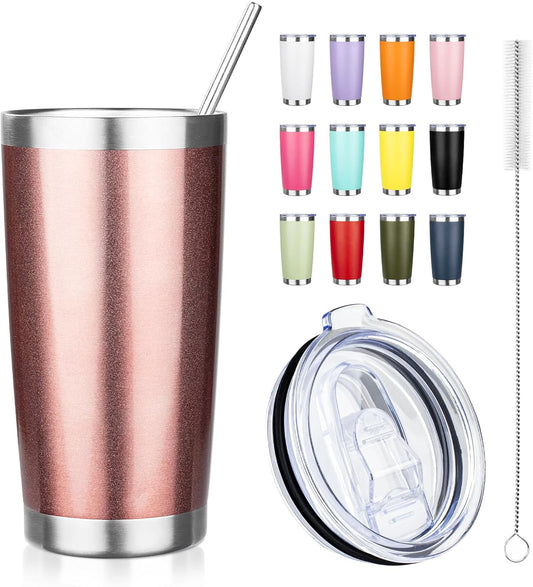 20oz Tumbler with Straw and Brush, Stainless Steel Vacuum Insulated tumbler, Double Wall Insulated Coffee Tumbler for Outdoor, Home, Travel,Office (Rose Gold,1pcs)