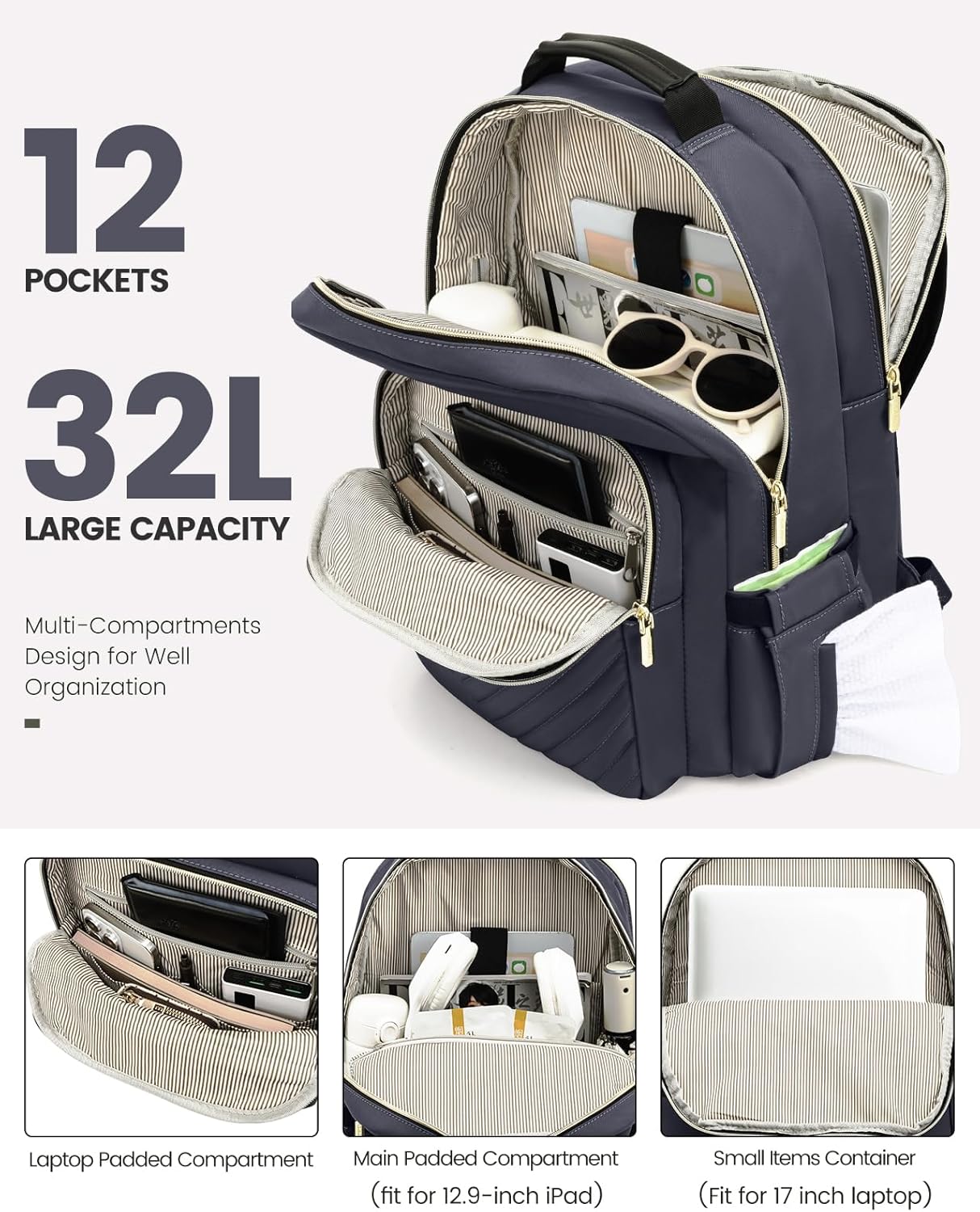 LOVEVOOK Laptop Backpack for Women, 17 Inch Large Capacity Travel Computer Work Bags, Business Nurse Backpack Purse for Womens, Backpacks, Dark Grey