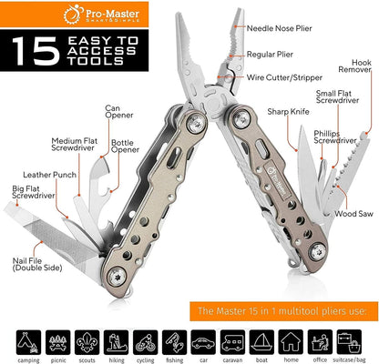 15-in-1 Multitool Pocket Knife, Multipurpose Stainless Steel All In One Tool for Camping Hiking Survival Travel Home - Portable Heavy Duty Folding Utility Multi Tool with Self-Locking