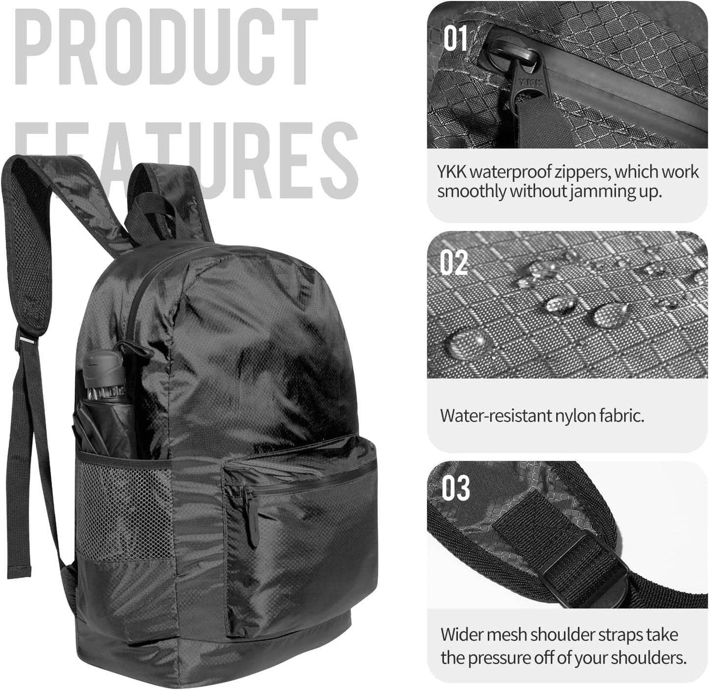 pack all 20L Lightweight Packable Backpack, Water Resistant Foldable Backpack, Travel Hiking Daypack with Waterproof Zippers (Black)