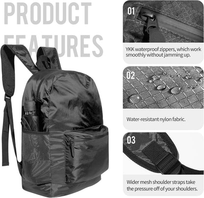 pack all 20L Lightweight Packable Backpack, Water Resistant Foldable Backpack, Travel Hiking Daypack with Waterproof Zippers (Black)