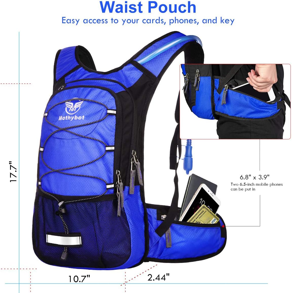 Insulated Hydration Backpack Pack with 3L BPA Free Leak Proof Water Bladder, Large Storage Lightweight Hiking Daypack with Waist Pouches & Cooler Layer, for Running, Biking, Camping, Festival