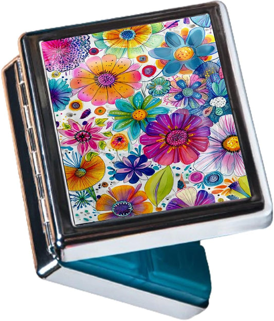 8‑Compartment Metal Pill Box Organizer – Portable Medicine Case 3″×2.6″ | Food‑Grade Dividers | Secure Snap Button Lid | Travel & Gift for Seniors (Vibrant Bloom Explosion)