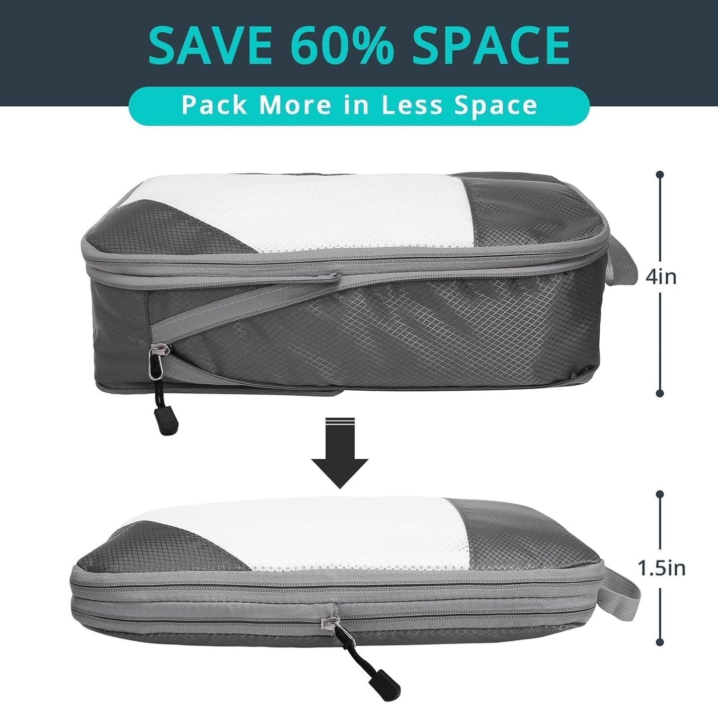 3 Set Compression Packing Cubes for Travel - Compressible, Lightweight, and Space-Saving Packing Cubes, Travel Essentials for Women, Grey