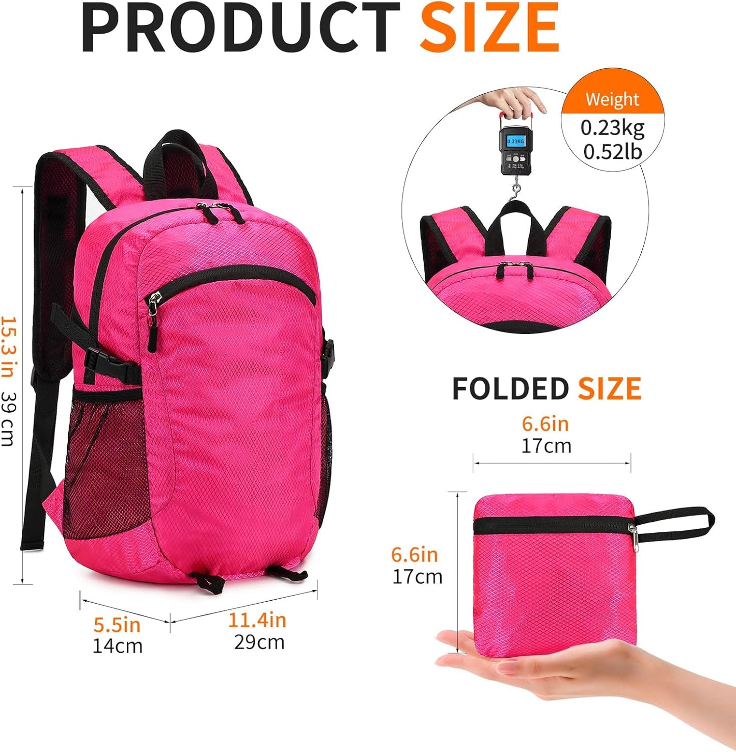 Small Hiking Daypack,15L Waterproof Hiking Backpack Packable Lightweight Travel Day Pack for Women Men (Pink, Small)