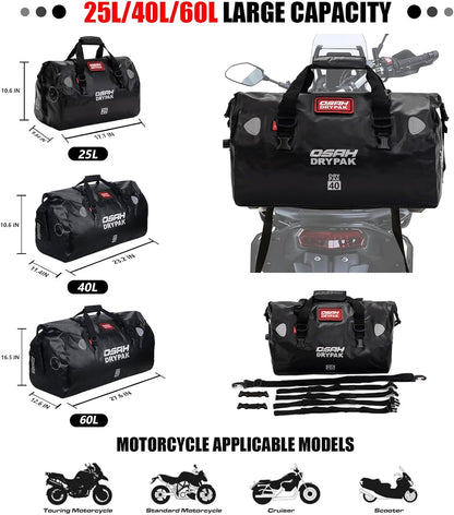 Waterproof Duffel& Luggage Bag - Motorcycle Dry Bag Tail Saddle Bags with Roll Top Closure,Large Storage Space,for Camping, Kayaking, Fishing & Traveling(Black, 60L)