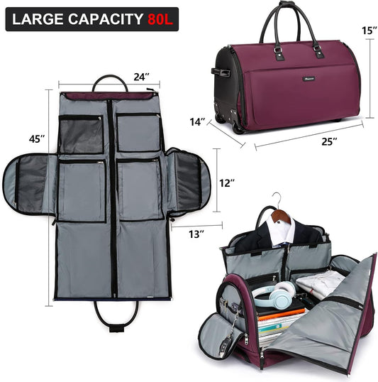 Modoker Rolling Garment Bags, Large Garment Duffle Bag with Wheels, 3 in 1 Garment Suit Luggage Bag for Women Men Business Travel Weekender, Red