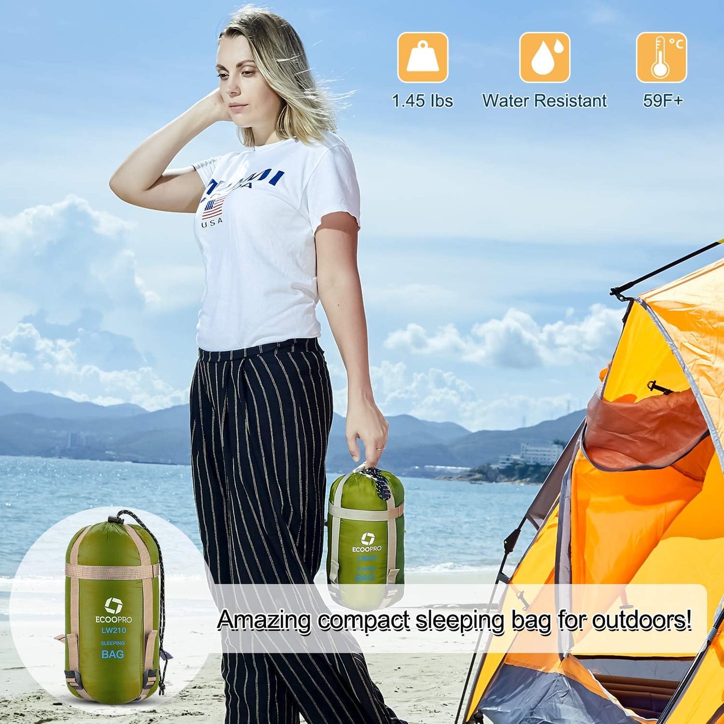 ECOOPRO Warm Weather Sleeping Bag - Portable, Waterproof, Compact Lightweight, Comfort with Compression Sack - Great for Outdoor Camping, Backpacking & Hiking-83 L x 30" W Fits Adults