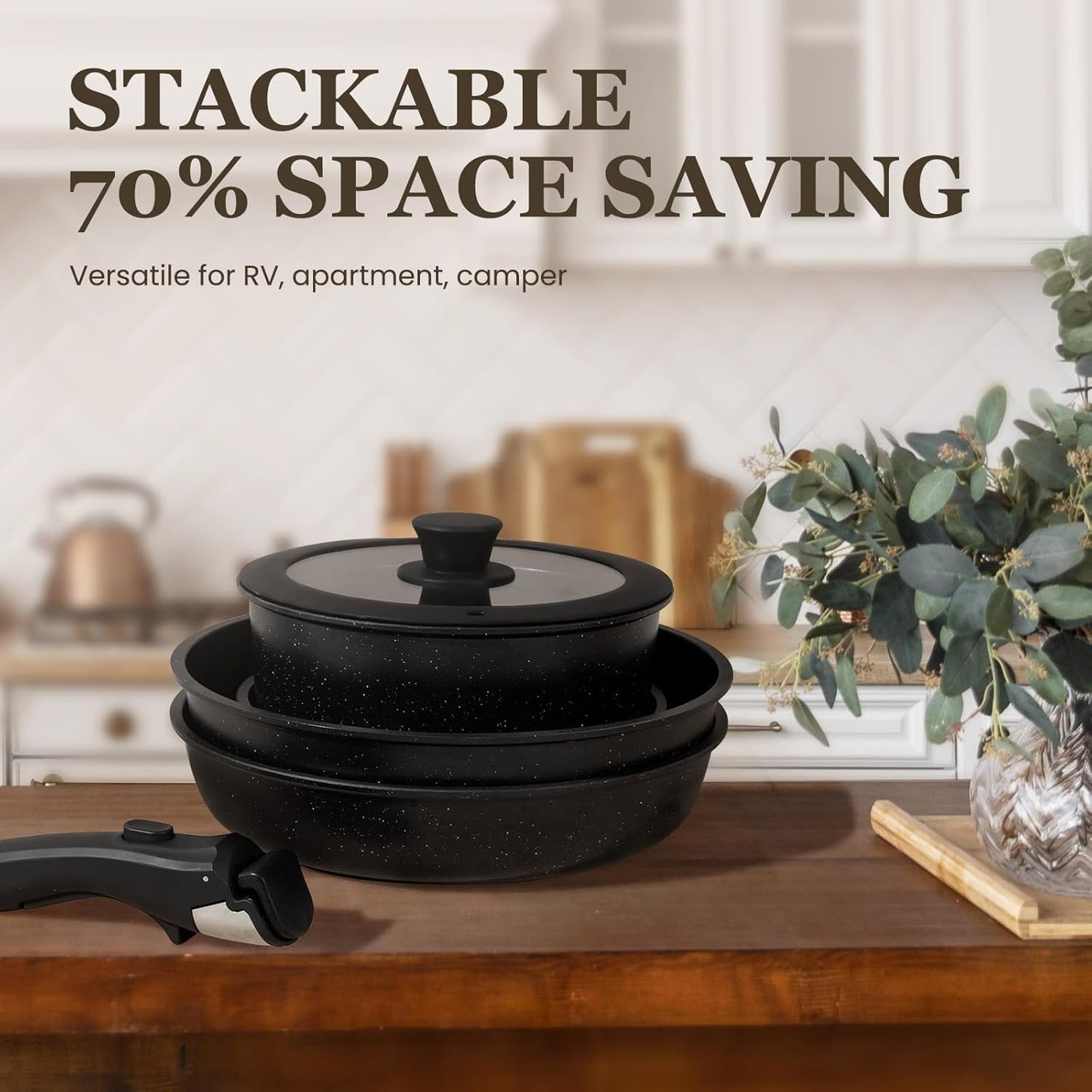 KIKCOIN 24 Pack Pots and Pans Set Non Stick, Detachable Handle Cookware Set, Induction RV Kitchen Cooking Set with Removable Handle, Frying Pans, Egg Pan - Dishwasher/Oven Safe, PFOA Free