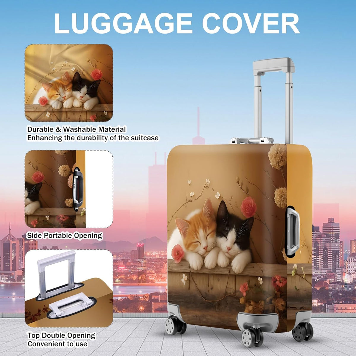 ANNA QUEEN Sleeping Cats Luggage Cover, Adorable Kitten Design with Floral Elements, Stretchable, Washable Travel Sleeve for 28-30 Inch Suitcases