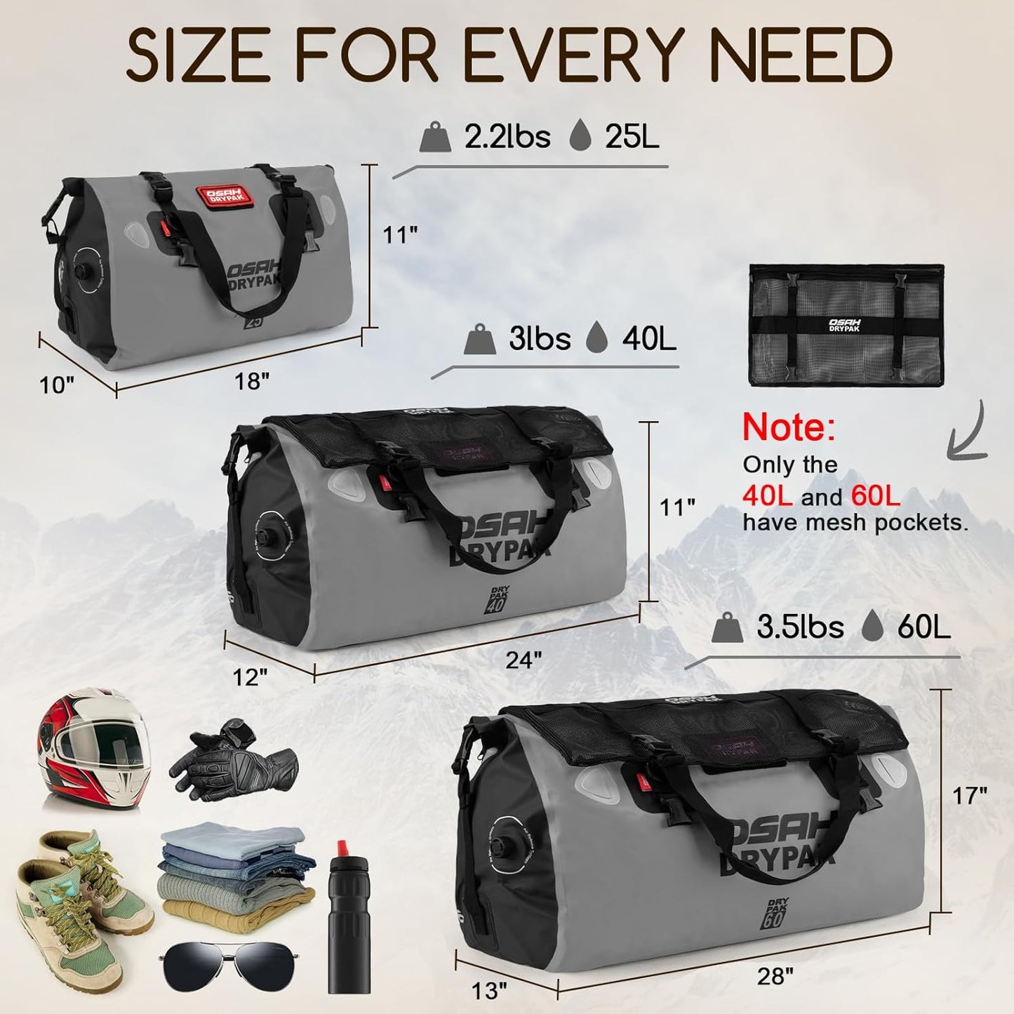 Waterproof Duffel Bag - Motorcycle Dry Bag Tail Bag with Large Storage Space, Waterproof Luggage Duffle Bags with Outer Mesh Zipper Pocket for Camping, Kayaking, Fishing & Traveling