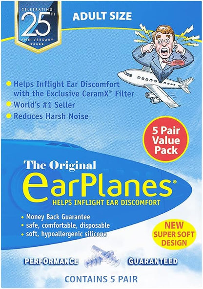New Super Soft Adult EarPlanes® Ear Plugs Airplane Travel Ear Protection 5 Pair
