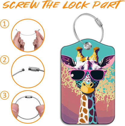 Luggage Tags for Suitcase Funny Giraffe Sunglasses 2 PCS Leather Travel Luggage Tag with Stainless Steel Loop Name ID Label Privacy Cover for Women Men Travel