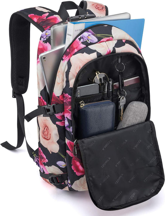 Tzowla Business Laptop Backpack Water Resistant Anti-Theft with USB Charging Port and Lock 15.6 Inch Computer Backpacks for Men, Women, Casual Hiking Travel Daypack (Flower)