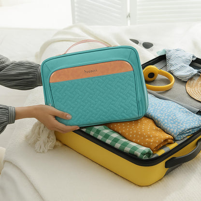 Travel Hanging Toiletry Bag for Women, with Jewelry Organizer Compartment, Medium Waterproof Hanging Makeup Accessories, Cosmetic Essentials, Toiletries Dopp Kit Set with Trolley Belt, Blue