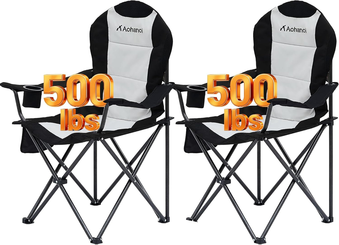 Camping Chairs for Heavy People, Folding Chairs for Outside Outdoor Folding Chairs with Cup Holder & Cooler Bag, Camp Chairs Supports up to 500lbs(2 PC, Black White)