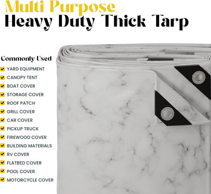Core Tarps Extreme Heavy Duty 20 Mil Tarp Cover, Waterproof, UV Resistant, Rip and Tear Proof, Poly Tarpaulin with Reinforced Edges for Roof, Camping, Patio, Pool, Boat (Marble/White 10′ X 20′)