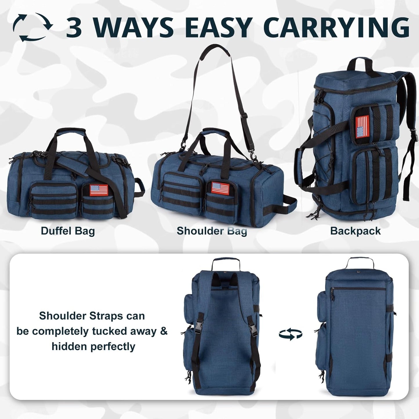 Tactical Gym Bag for Men，50L Large 3 in 1 Sports Duffle Bag with Shoes Compartment for Travel,Water Resistant Travel Backpack Weekender Overnight Bag with Wet Pocket for Women