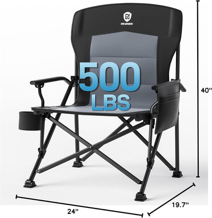 EVER ADVANCED Oversized Folding Camping Chair for Adults, Heavy Duty Lawn Chair with Side Pockets, Portable Collapsible Quad Chair for Outside, Support Up to 500lbs, Black