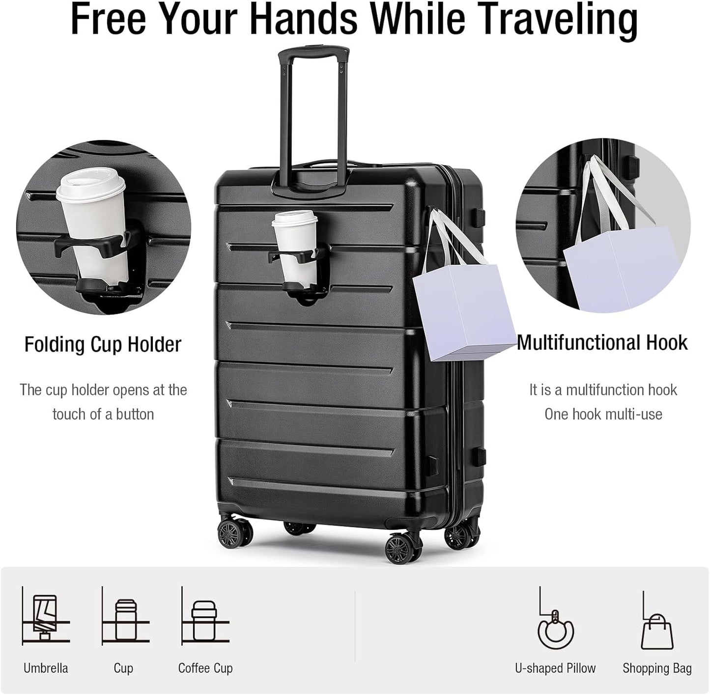 KYME Luggage Sets 3 Piece Hardshell 22in/26in/30in Suitcases with Spinner Wheels Hardside Suitcase Sets with TSA Lock Travel Rolling Luggage Set for Women Men Black