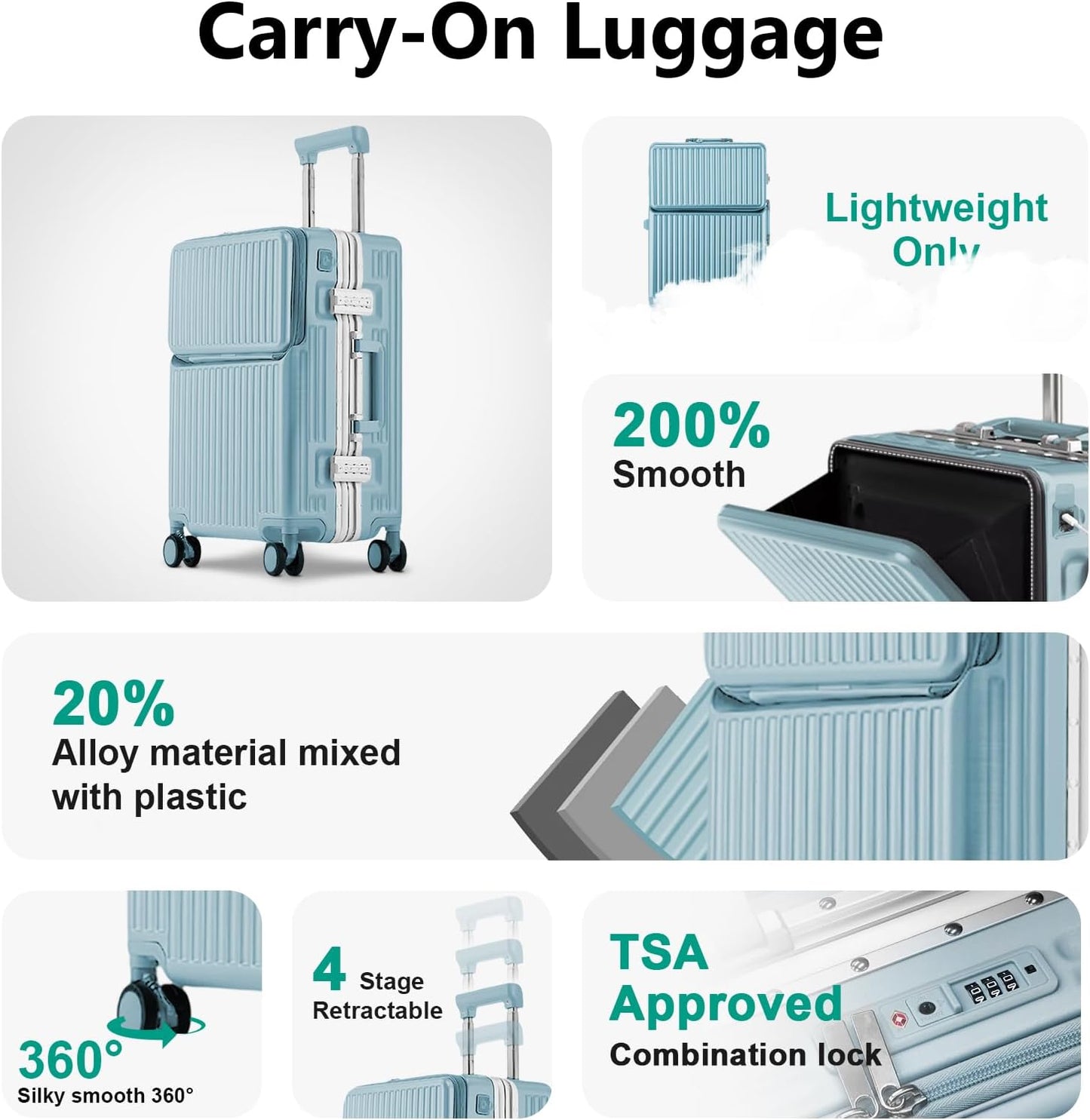 Hard Shell Luggage 20 Inch Travel Luggage, 22x14x9 Airline Approved with TSA Lock, PC+ABS Aluminum Frame, Lightweight Travel Luggage 20'' 24'' 26''Carry-On (upgraded blue, 20 inch)