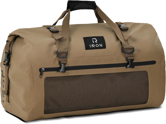 IRON JIA'S Motorcycle Dry Bag - Waterproof Duffle & Luggage Tail Bag Saddle Bags with Roll Top Closure, Shoulder Straps, Inner Pocket and Mesh Pocket (Brown, 50L)