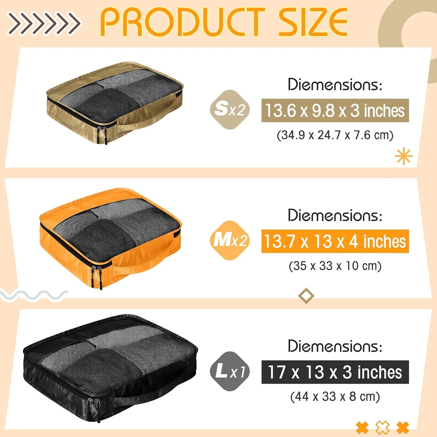 5 Pcs Packing Cubes for Suitcase Large Travel Cubes Carry on Luggage Organizer Bags for Clothes Accessories(Mixed,Apricot)