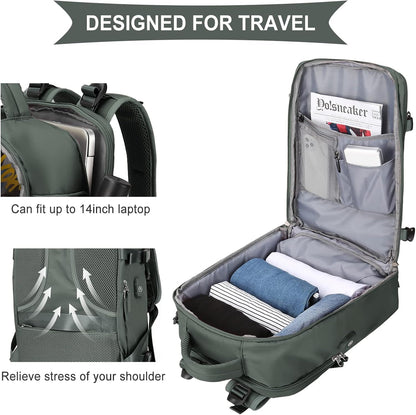 coowoz Large Travel Backpack For Women Men,Carry On Flight Approved,Hiking Waterproof Outdoor Rucksack Casual Daypack Fit 15.6 Inch Laptop Shoes Compartment (Olive Green)