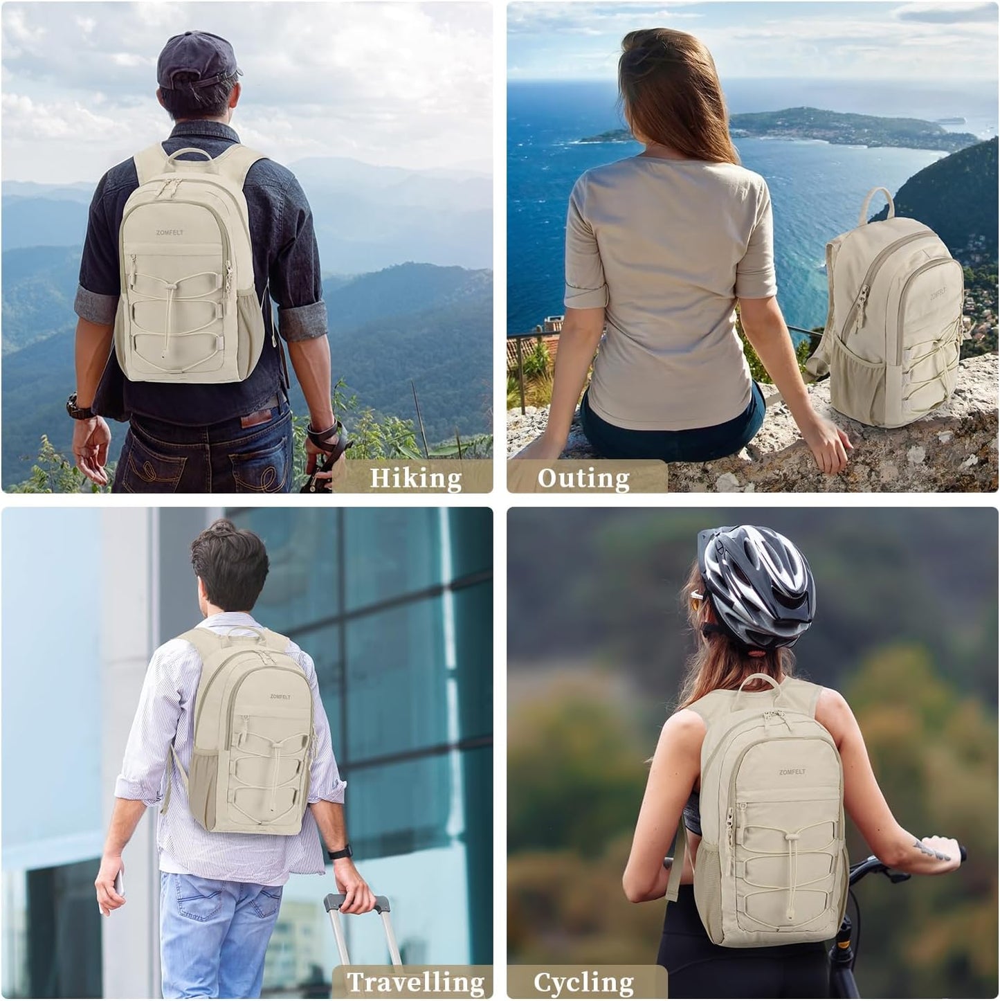 ZOMFELT Hiking Backpack for Women Men, 20L Lightweight Packable Backpacks for Trip, Water Resistant Small Travel Backpack, Foldable daypack for Hiking, Walking, Cycling, Camping, Beige