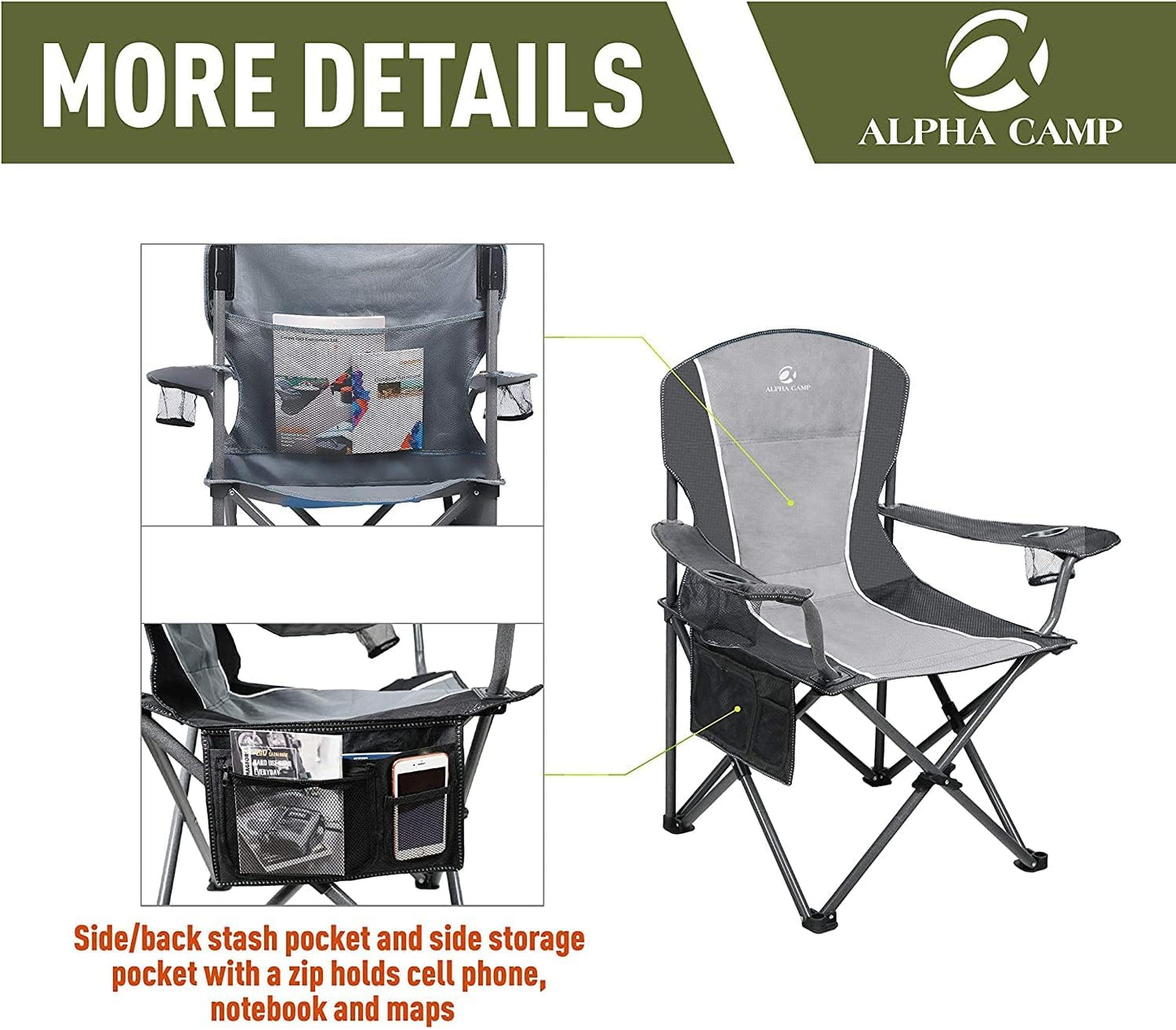 ALPHA CAMP Oversized Camping Folding Chair - Heavy Duty Steel Frame Support 350 LBS, Collapsible Padded Arm With Cup Holder, Quad Lumbar Back, Portable for Outdoor/Indoor