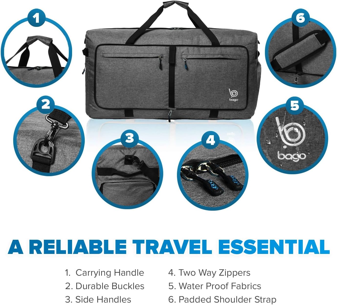 Bago Big XXL Foldable Duffel Bags for Traveling Women & Men - 140L Packable Duffle Bag for Travel with Shoe Compartment - Water Repellant, Heavy Duty, Lightweight Folding & Collapsible (SnowBlack)