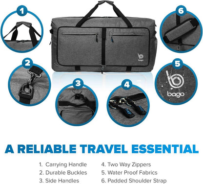 Bago Big XXL Foldable Duffel Bags for Traveling Women & Men - 140L Packable Duffle Bag for Travel with Shoe Compartment - Water Repellant, Heavy Duty, Lightweight Folding & Collapsible (SnowBlack)