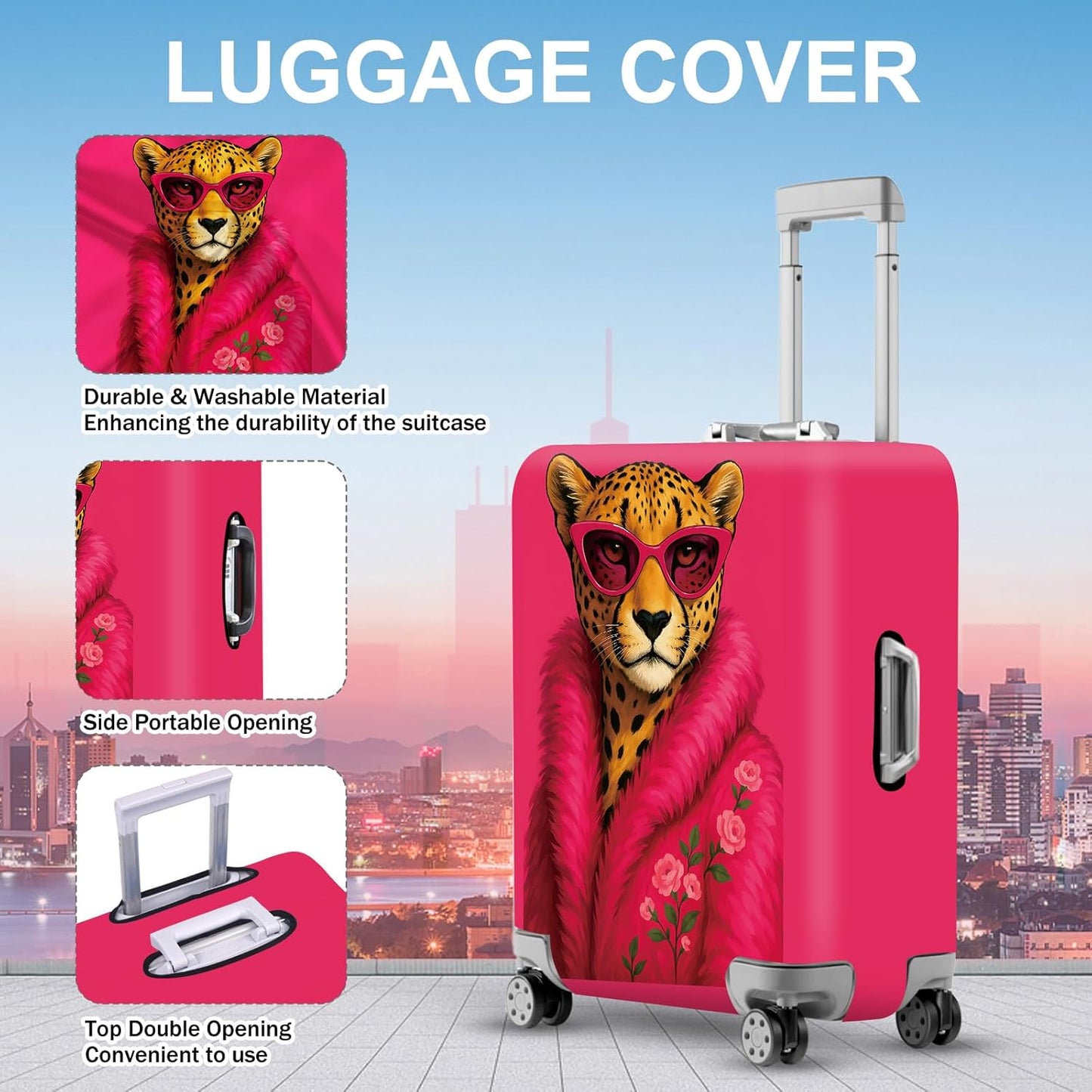 ANNA QUEEN Fashionable Leopard Luggage Cover, Leopard in Pink Coat and Sunglasses, Stretchable, Washable Travel Sleeve for 28-30 Inch Luggage