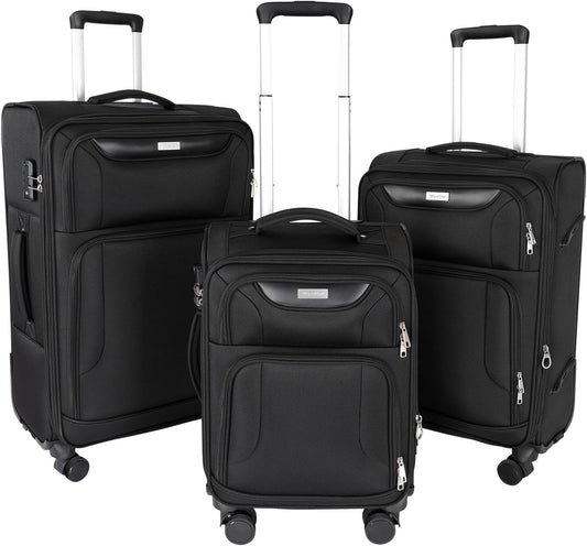3-Piece Softside Expandable Luggage Set with Front Open Pocket, Lightweight and Durable Oxford Fabric Suitcase Set with TSA Lock (Black, 20in/24in/28in)