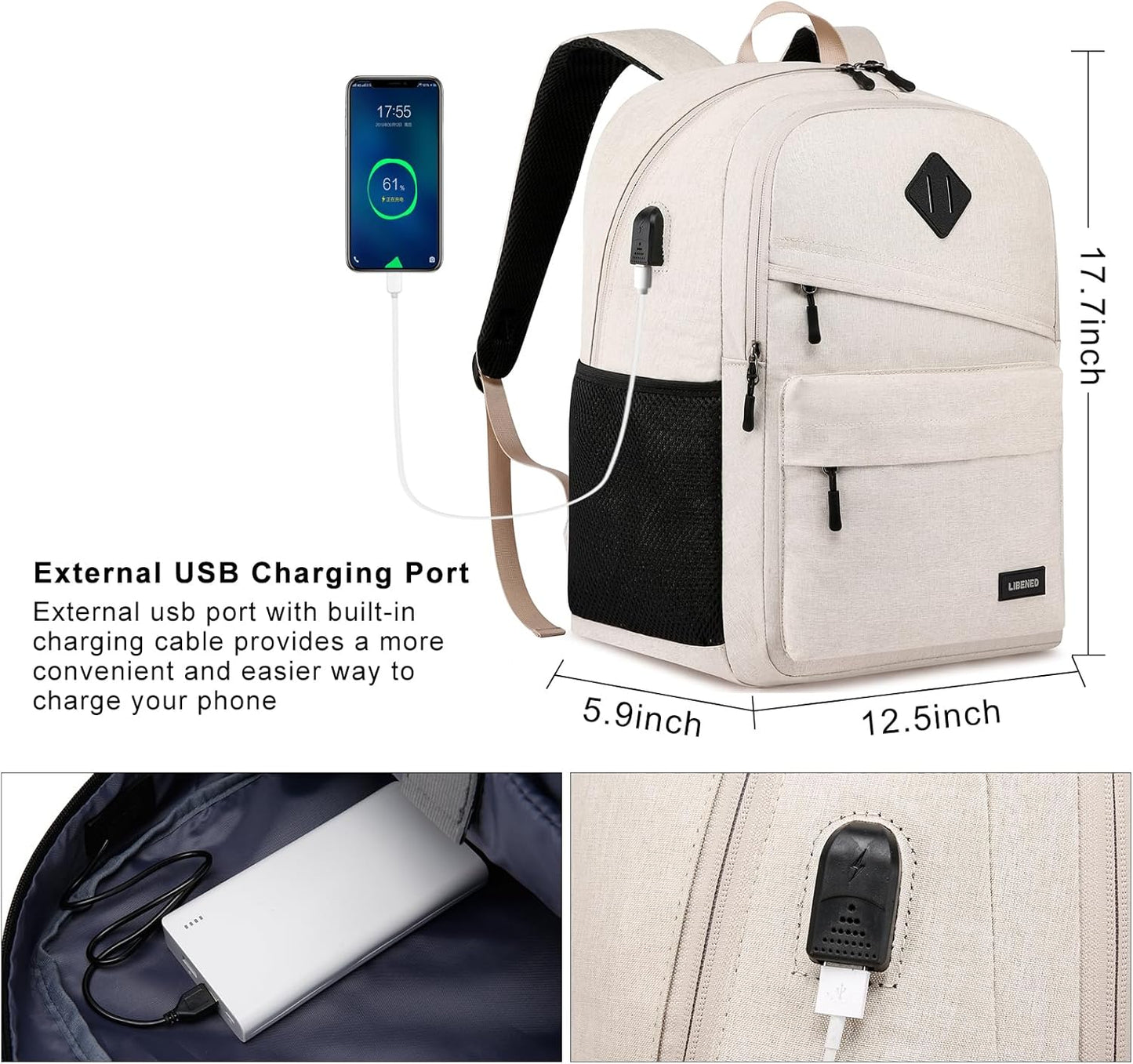 School Backpack for Teen Boys and Girls, Backpack for Men Women, 15.6 inch Laptop Back Pack for High School and College Students with USB Charging Port, Beige