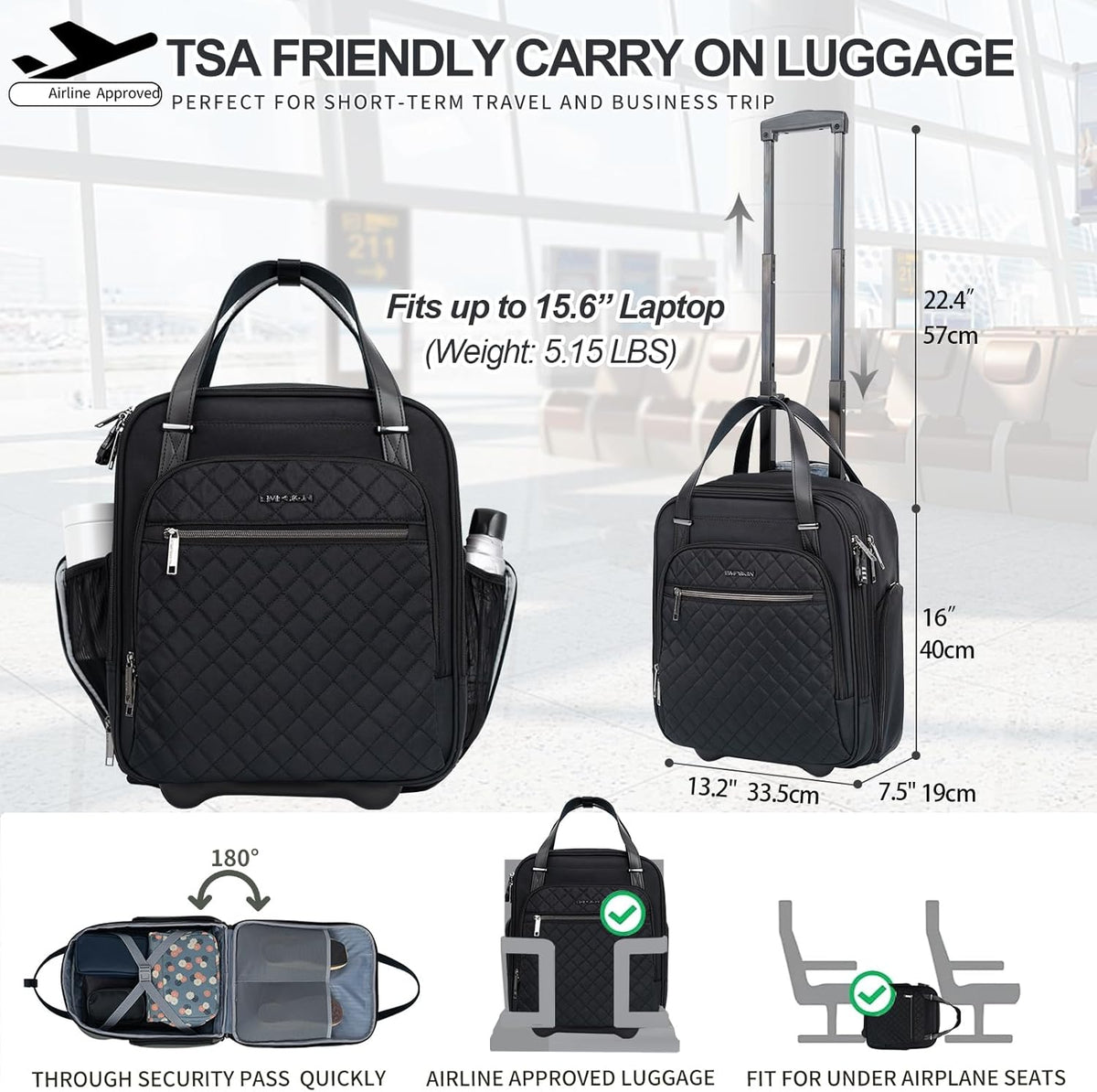 EMPSIGN Underseat Carry On Wheeled - 16" Carry on Bag with Wheels Multi-functional Lightweight Rolling Bag Overnight Weekender Small Suitcase for Women Men Travel Business, Black