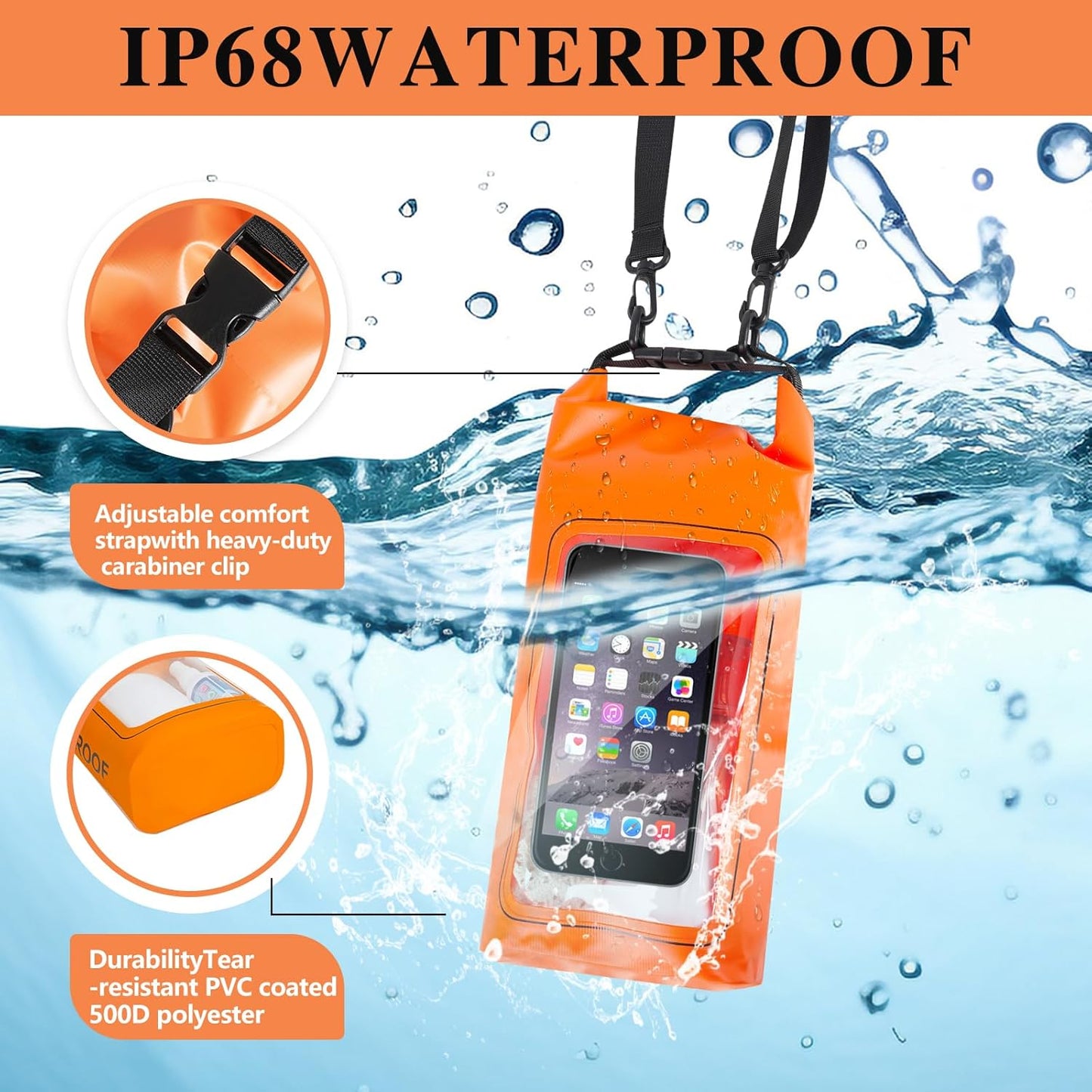 IP68 Waterproof Dry Bag, 2L - Roll Top Waterproof Pool Bag，Dry Bags for Kayaking Waterproof-w/Phone Pouch,Large Waterproof Phone Pouch,Boating & Kayak Accessories Camping (Orange 2L)