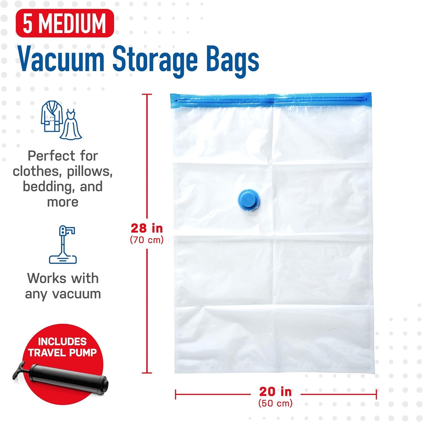 5 Pack Medium Vacuum Storage Bags for Comforters, Blankets & Clothes – Vacuum Sealed Compression Bags with Hand Pump – Space Saver Storage Bags for Bedding, Moving, Travel & Organization