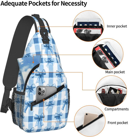 SUPLUCHOM Sling Bag Blue Bows Check Hiking Daypack Crossbody Shoulder Backpack Travel Chest Pack for Men Women
