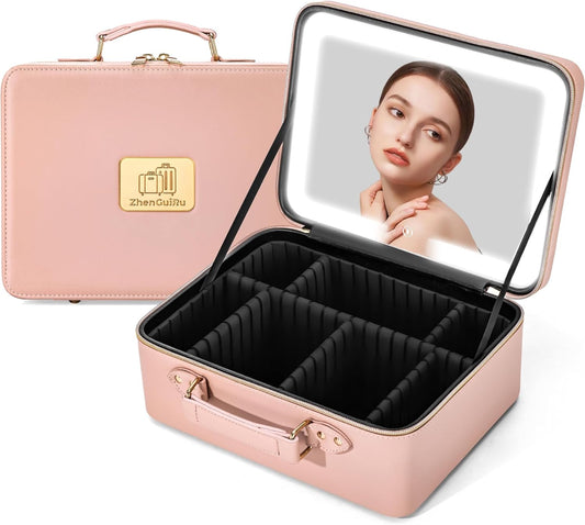 Makeup Bag with LED Mirror & Magnifier, Large Cosmetic Organizer Travel Makeup Case with Adjustable Brightness & 6 Detachable Dividers, Portable Makeup Storage for Women Girls (Pink)