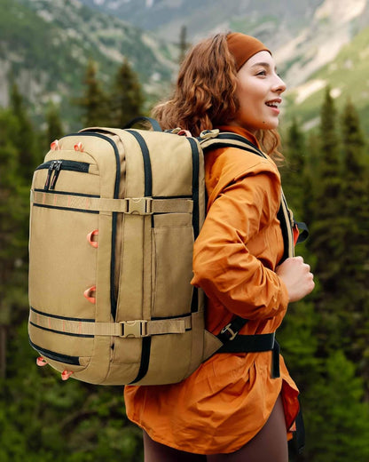 Tolaccea Travel Laptop Backpack, TSA Flight Approved Carry On Travel Duffel Backpack, Dual Laptop Storage for 17.3" and 15.6" Laptop, Large Luggage Backpack 40-45L Expandable for Men Women (Khaki)