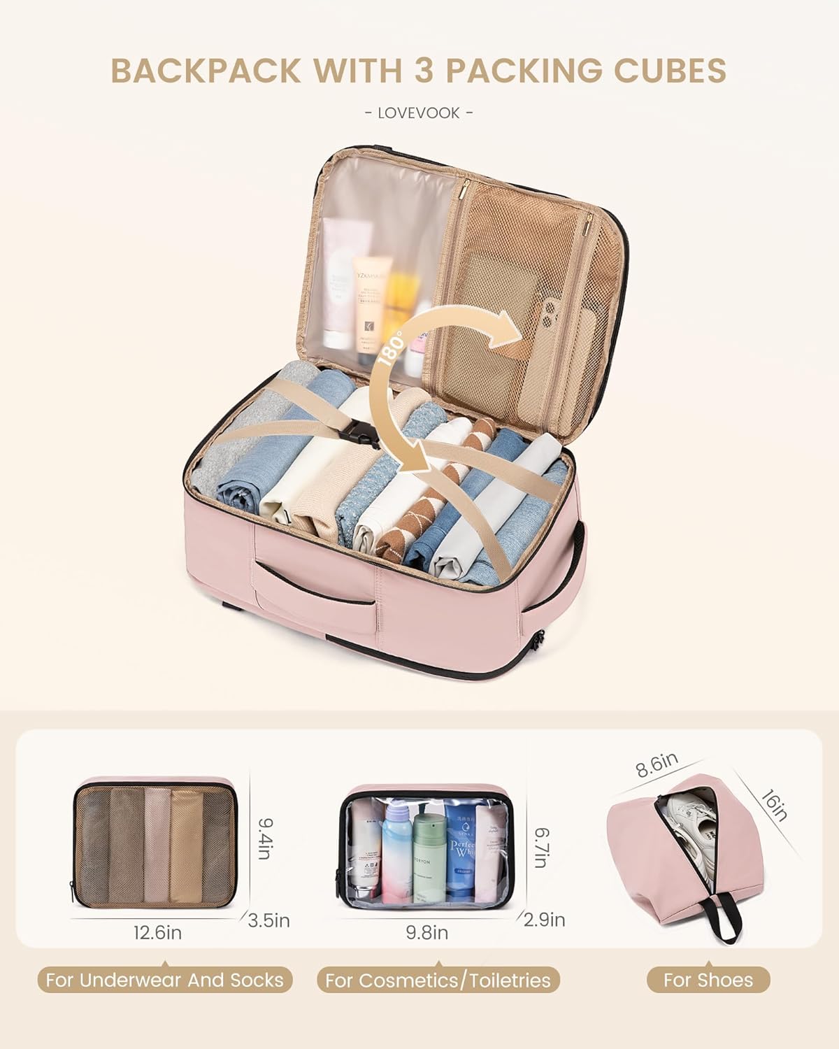 LOVEVOOK Travel Backpack for Women & Men, 40L Large Carry On Backpack Airline Approved, TSA Personal Item Weekender Bag, Water Resistant Laptop Backpack with 3 Packing Cubes for Travel Essentials