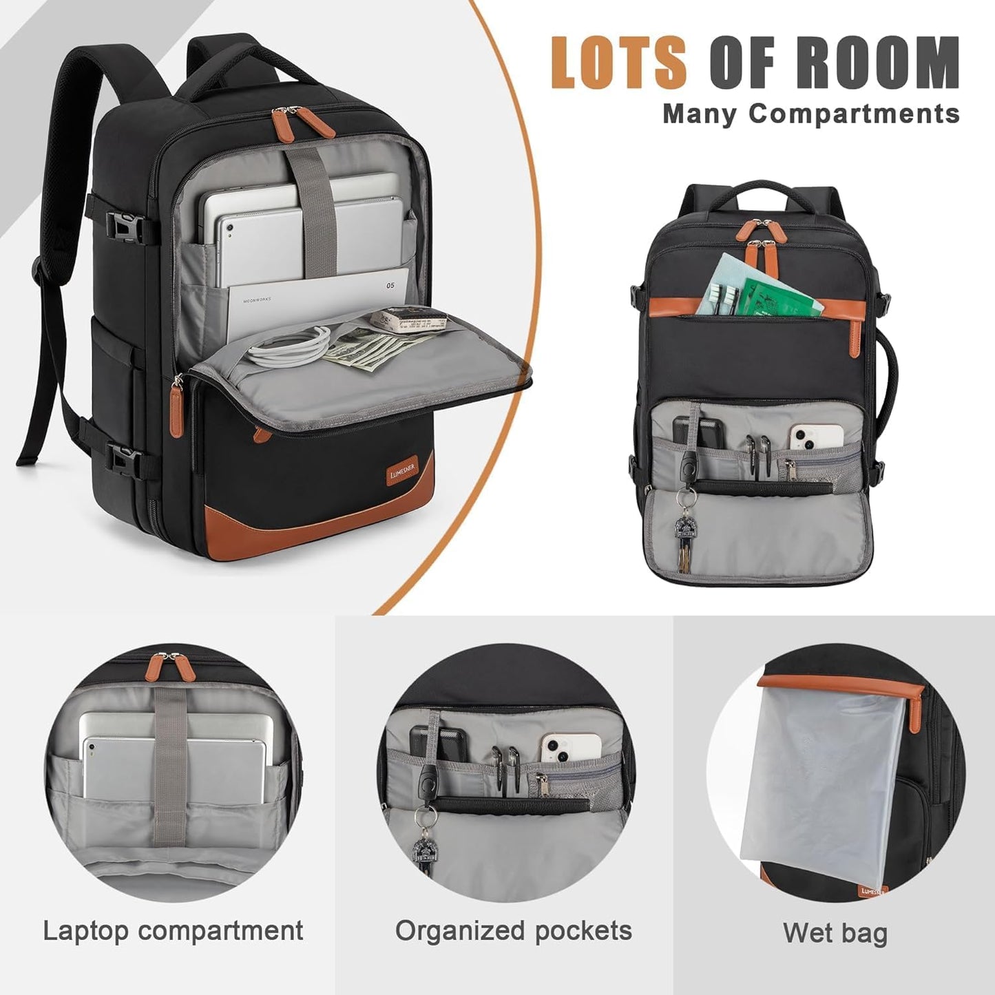 50L Travel Backpack with USB Charging Port, Water-Resistant Carry On Backpack for Men Women, Business Laptop Backpack for Trips & Commutes, Fits 18 Inch Laptop