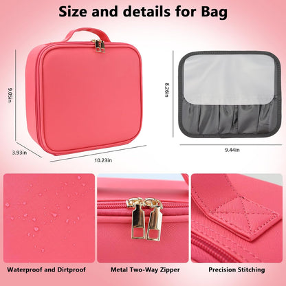 Travel Makeup Bag with LED Mirror Travel Makeup Organizer with 3 Lighted Settings, Adjustable Dividers and Makeup Brush Storage Bag Light Red