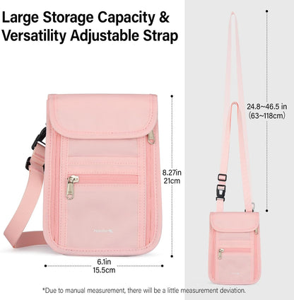 Hanke Passport Holder, Travel Wallet for Womens and Men, Neck Wallet Hidden Passport Pouch for Travel Adjustable Lightweight Thin with 6 compartments (Pink)